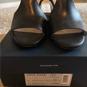 Cole Haan Black Leather Maddie Open-Toe Wedge Slingback Heels